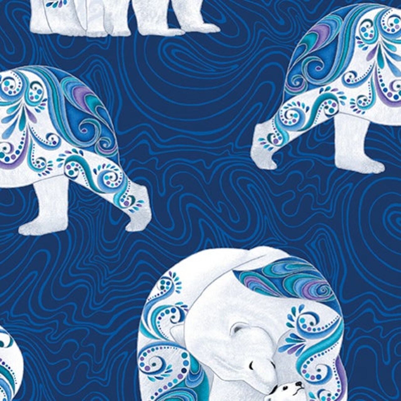 Polar Attitude Polar Bears Blue/Multi Cotton Fabric by the Yard